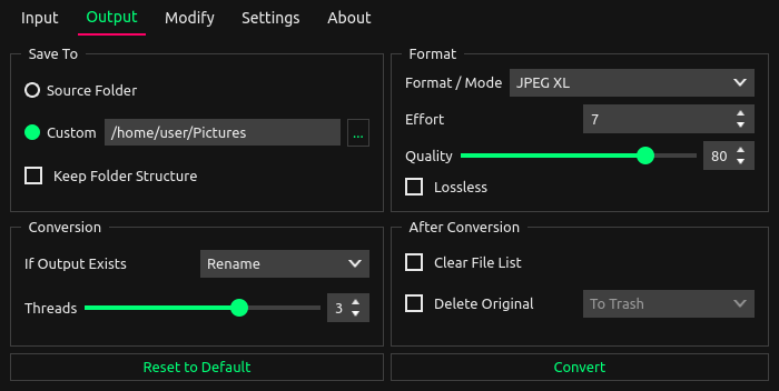 XL Converter - Output tab